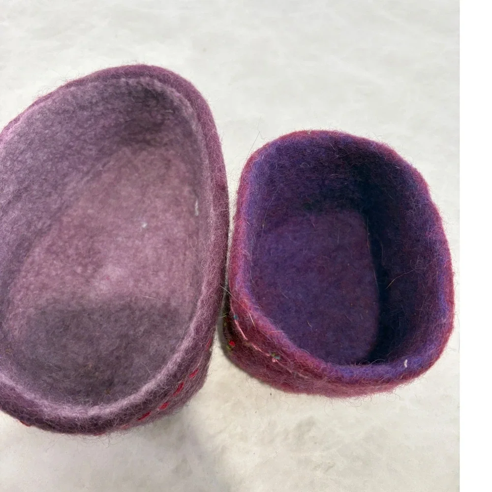 Handmade Felted Wool Embroidered Bowls Purple Boho Trinket Dish Lot of 2 7/31